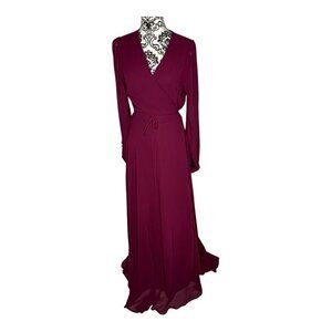 NWT Lulu's Red Wrap Gown with Ruffled Hem and Bishop Sleeves Large
